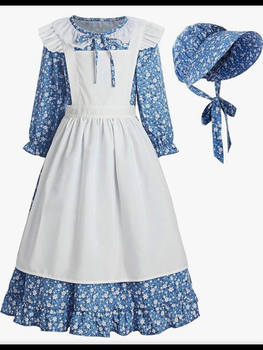 Classic Blue Floral Prairie Girls' Costume with White Apron and Bonnet
